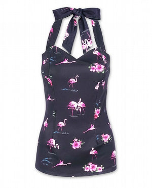 Women's Halter Tie Black Top • FLAMINGOES • Liquorbrand