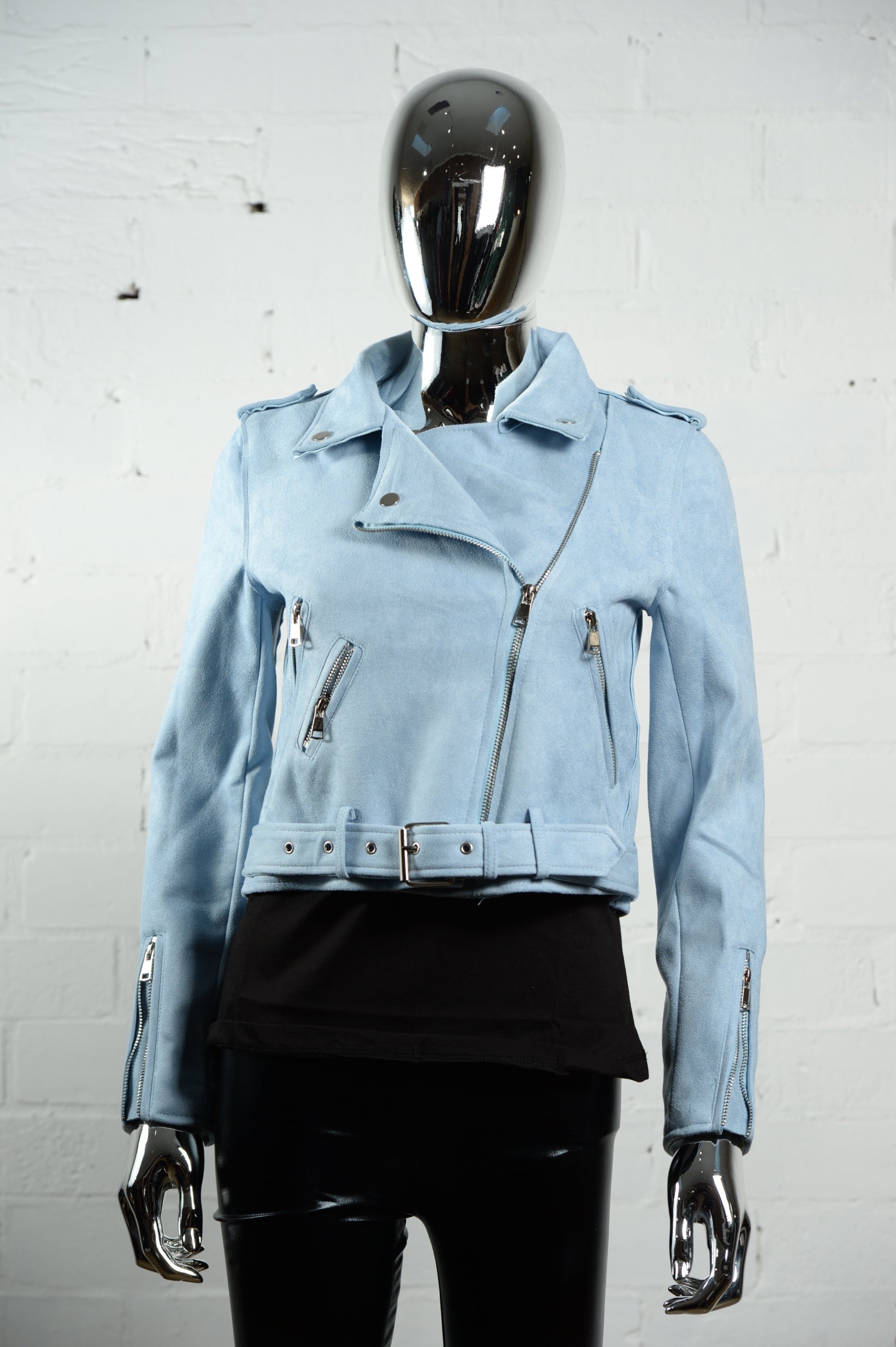 Faux Suede Biker Jacket • Light Blue