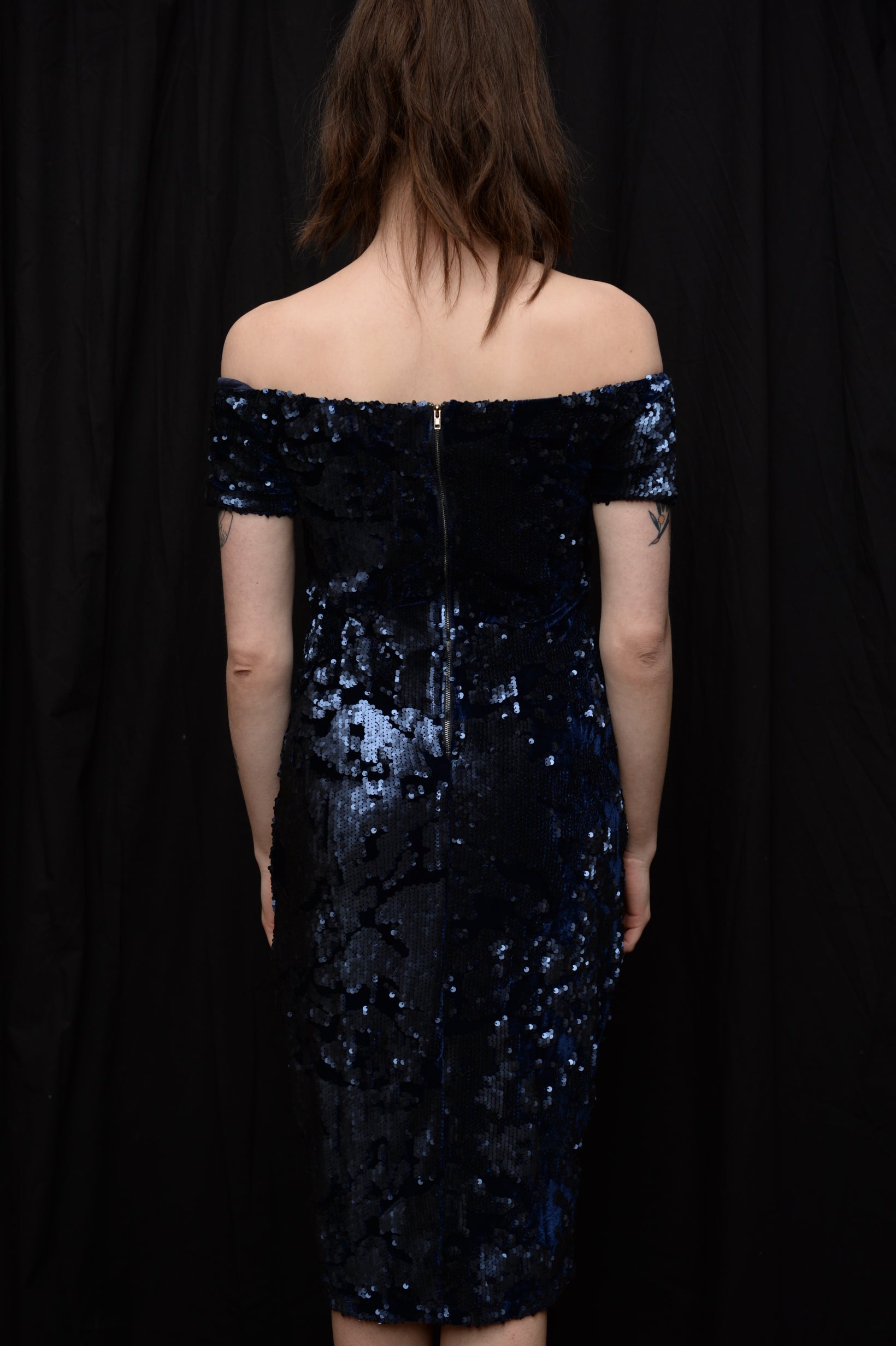 Bardot Sequin Midi Dress • Midnight Blue