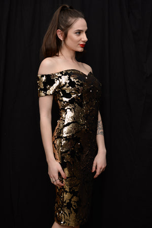 Bardot Sequin Midi Dress • Black and Gold