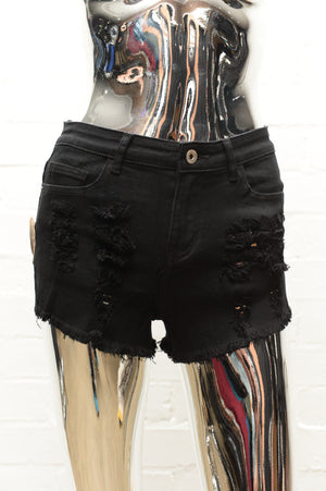 Womens Black Denim Shorts • Distressed