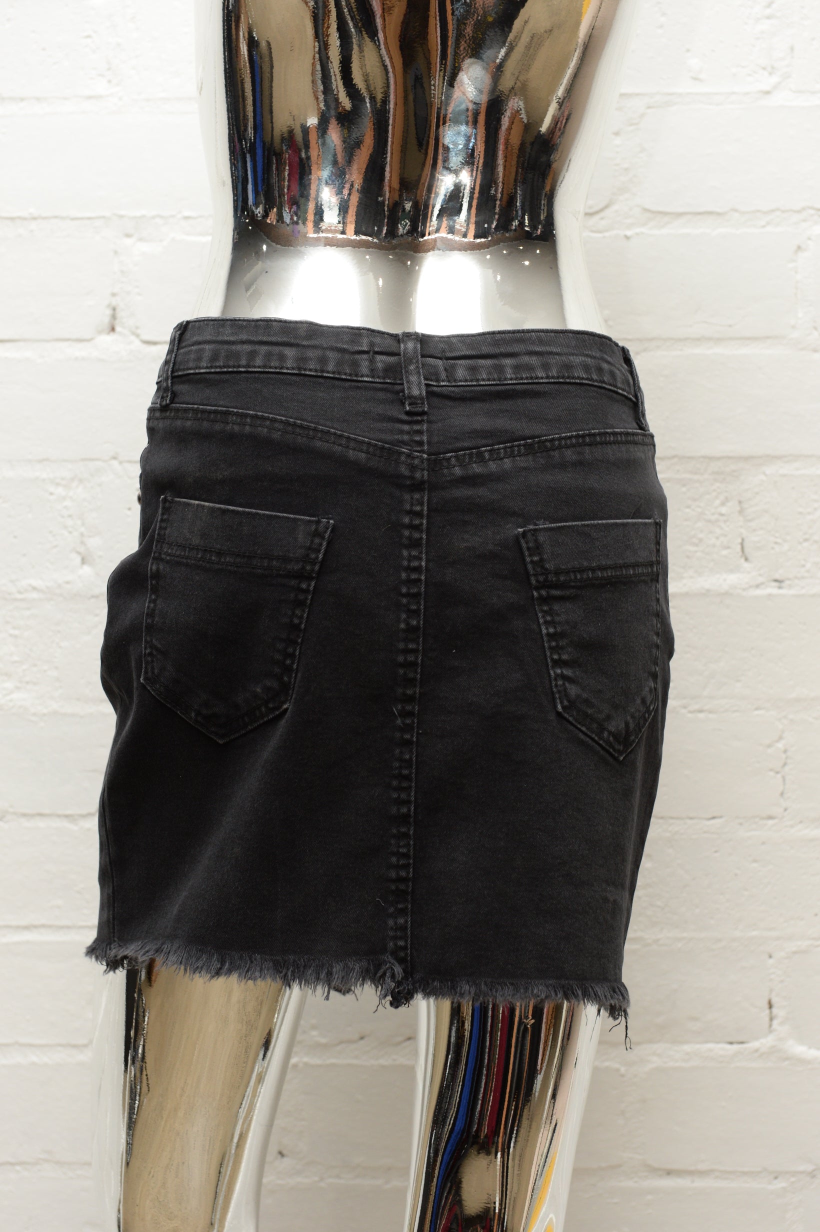 Embroided Rose Black Denim Skirt