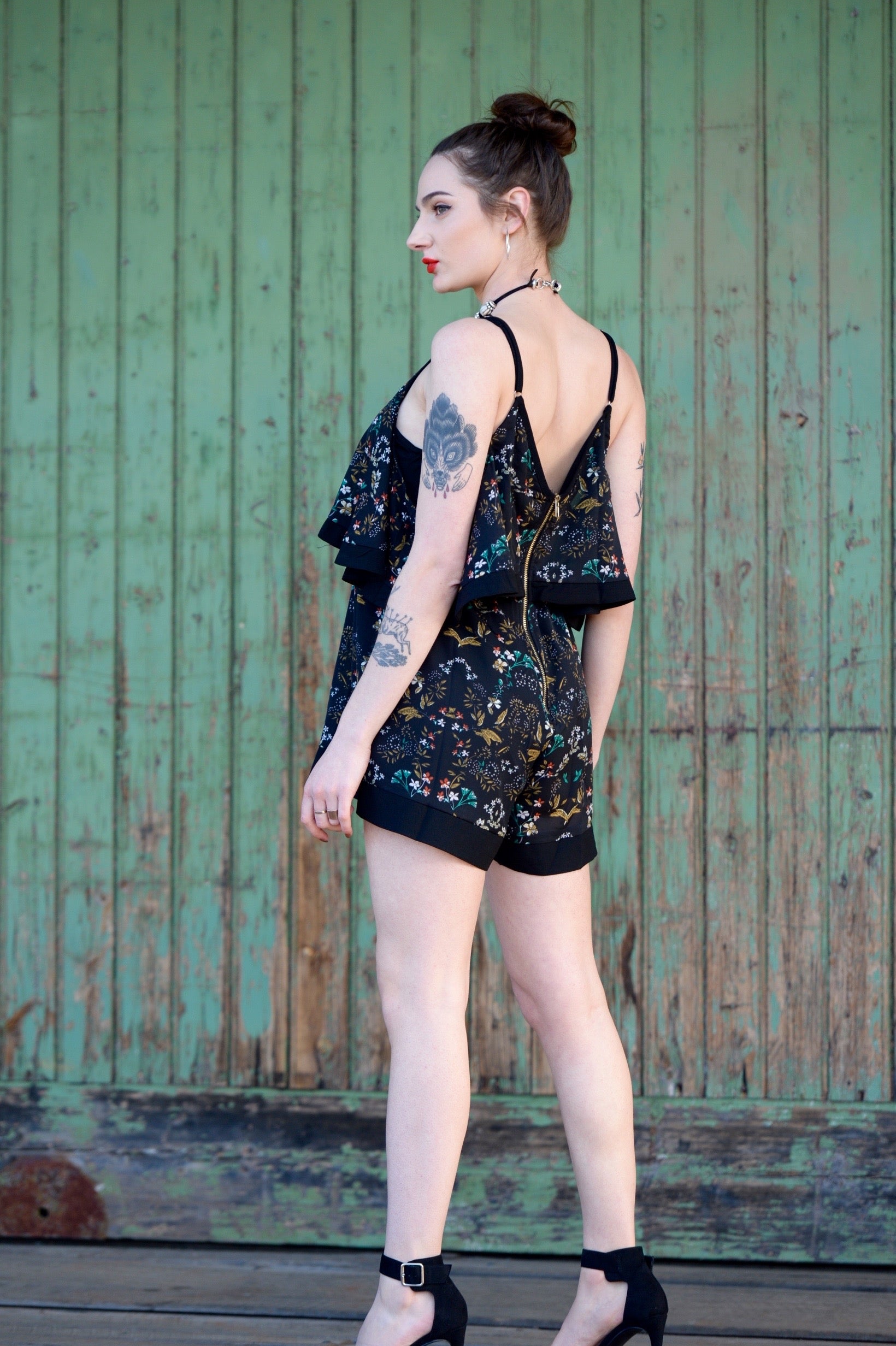 Play Suit • Black Chiffon with Floral print