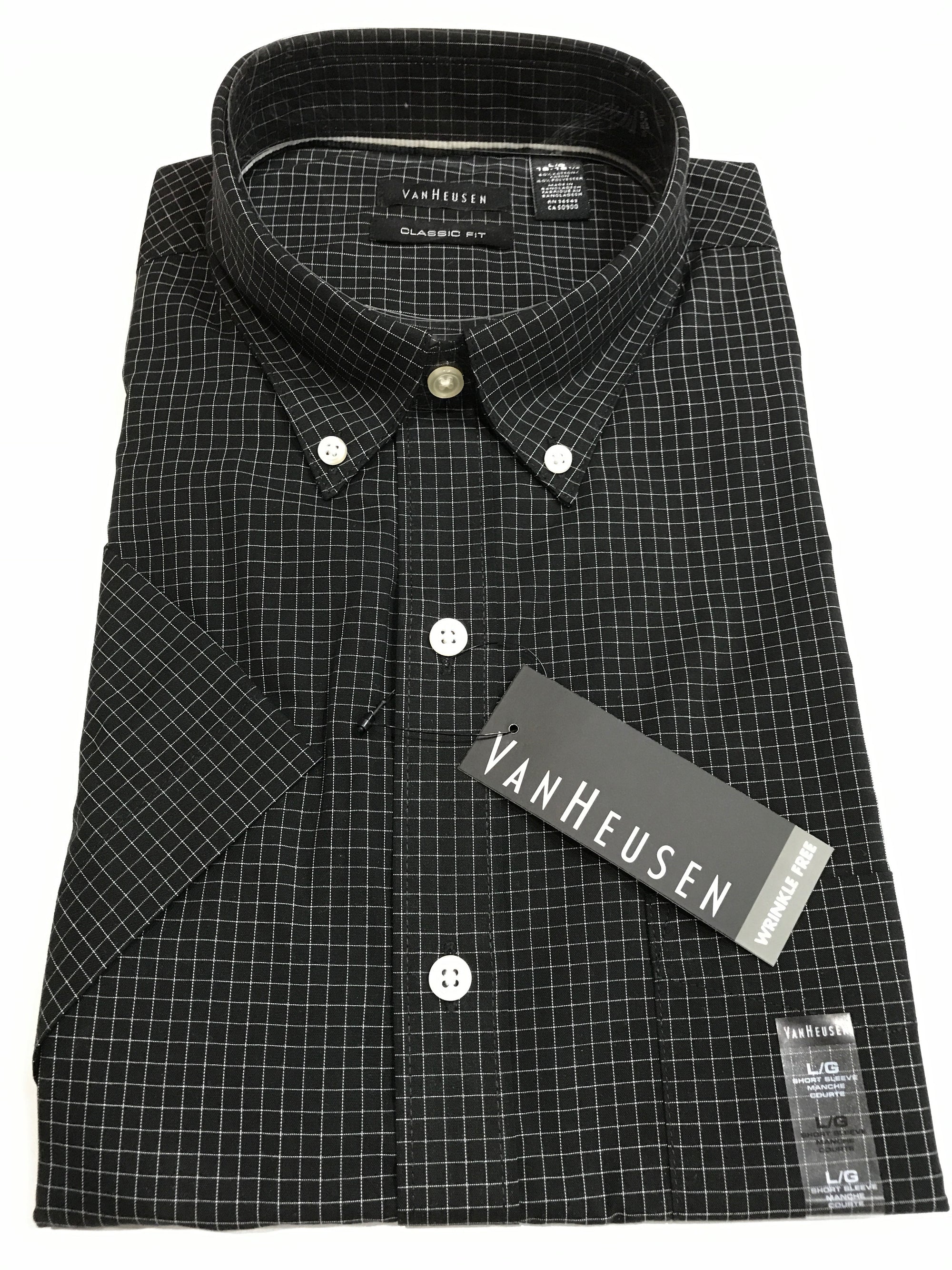 Van Heusen Mens Short Sleeve Shirt Black with White Check 