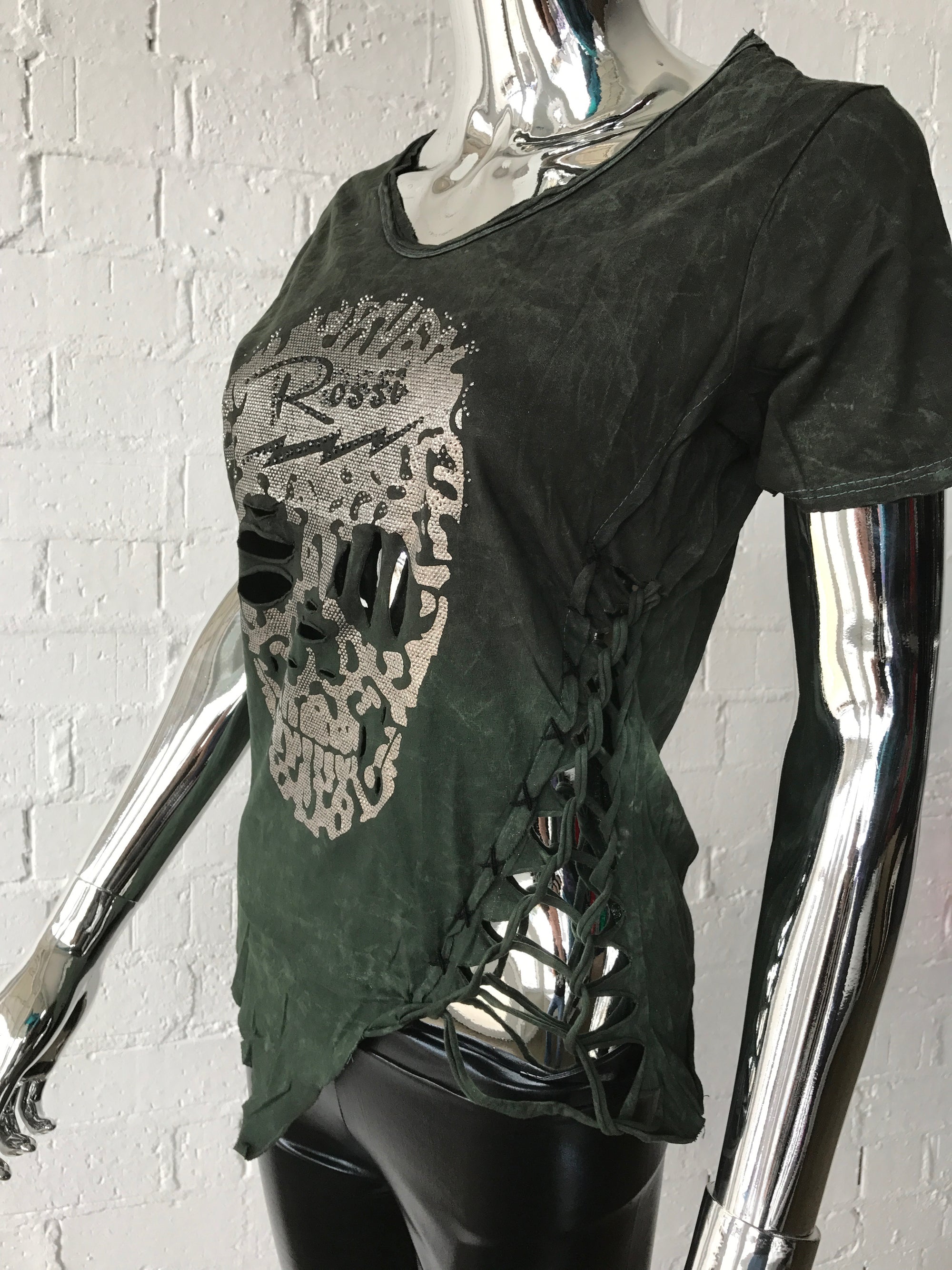 Womens Khaki T Shirt with Metallic Skull 