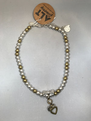 Metallic Pearl Choker with Bow and Heart Pendant