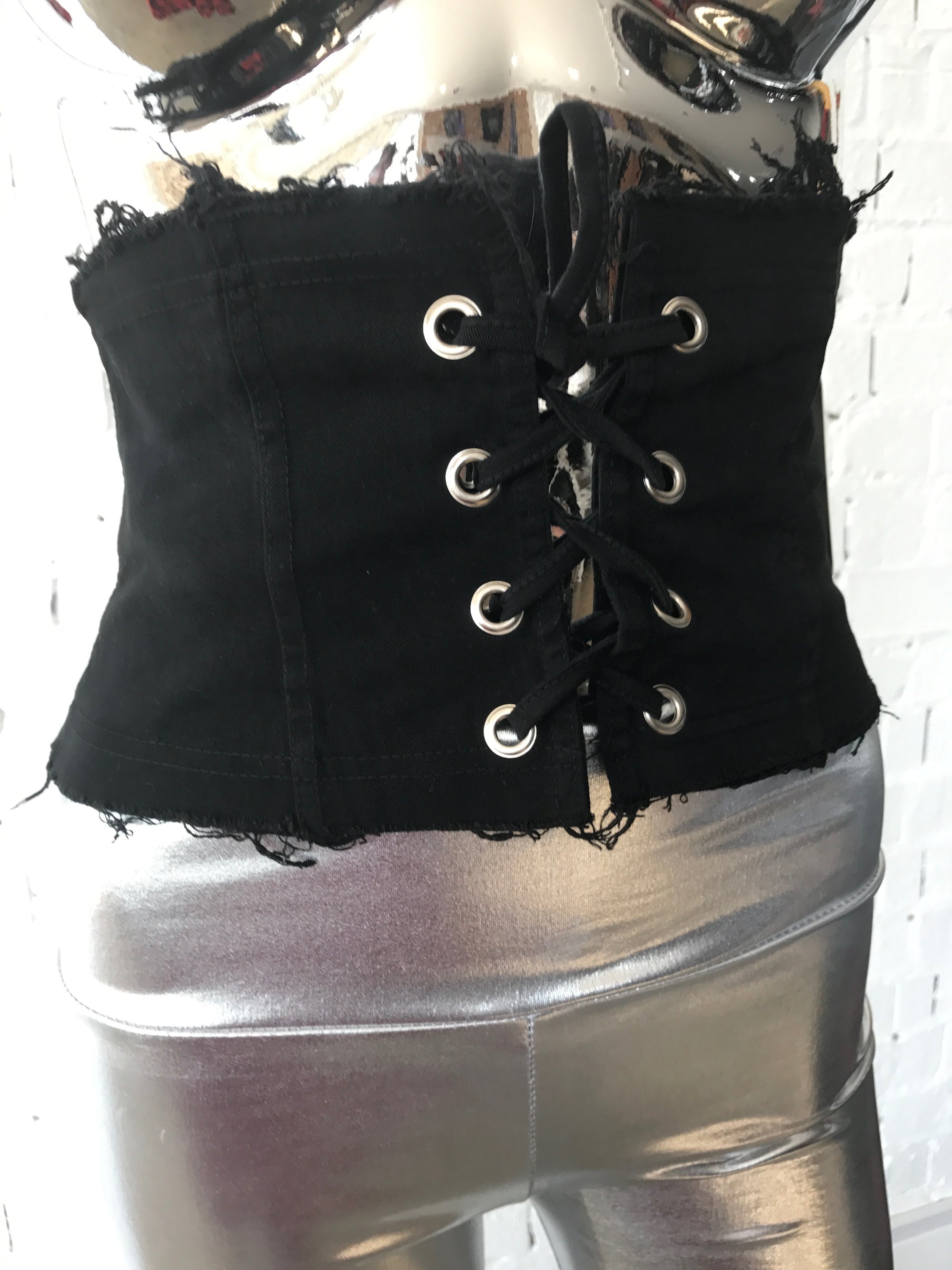 lace up front corset style Black denim Lace up Belt Denim Corset BLACK