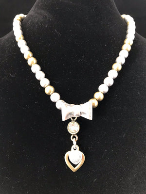 Metallic Pearl Choker with Bow and Heart Pendant