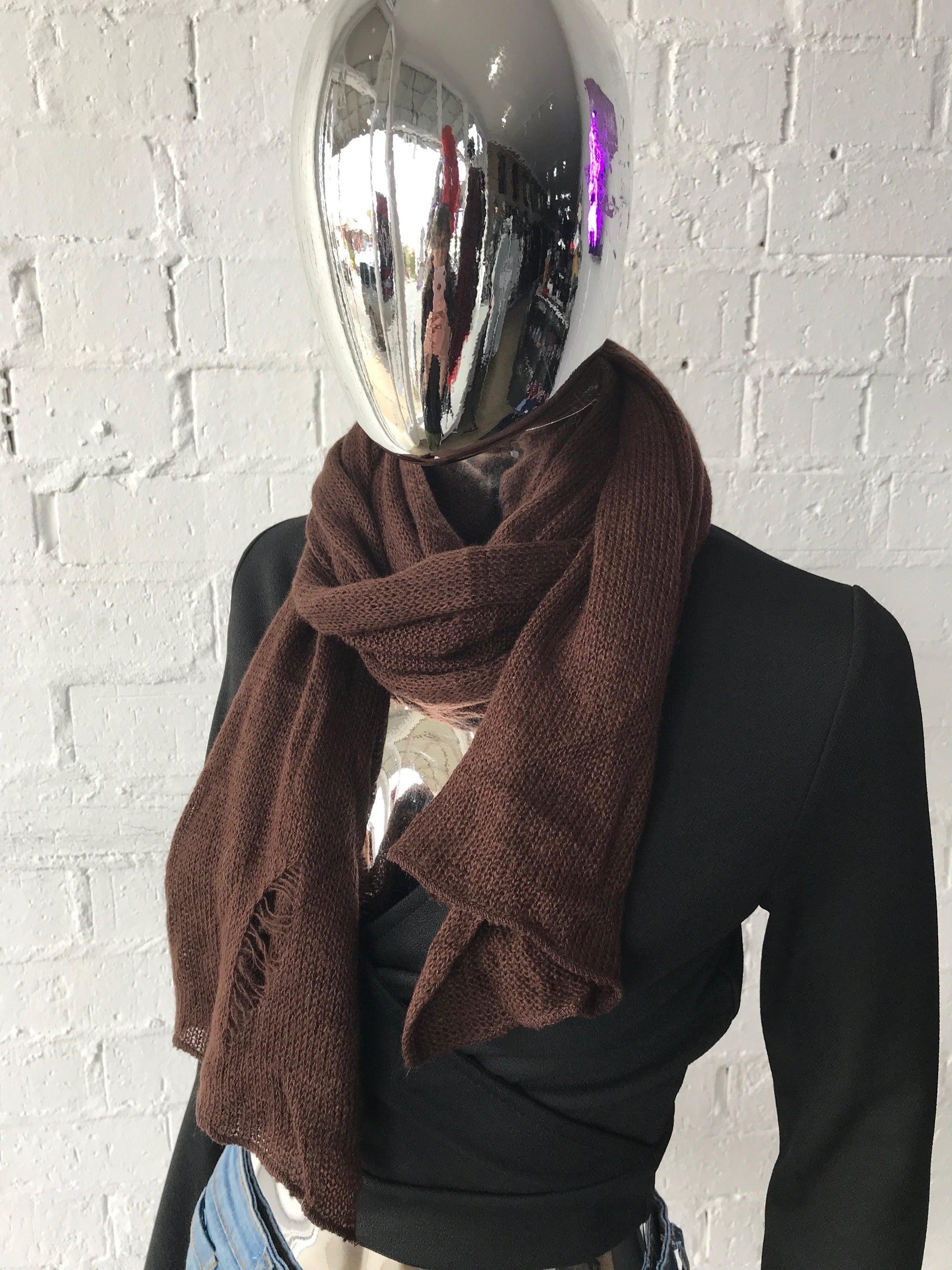 Scarf  Fine Knit with Frayed Detail  Brown