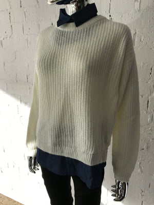 Womens Jumper • Knit with Denim Collar and Hem • M