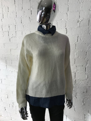 Womens Jumper • Knit with Denim Collar and Hem • M