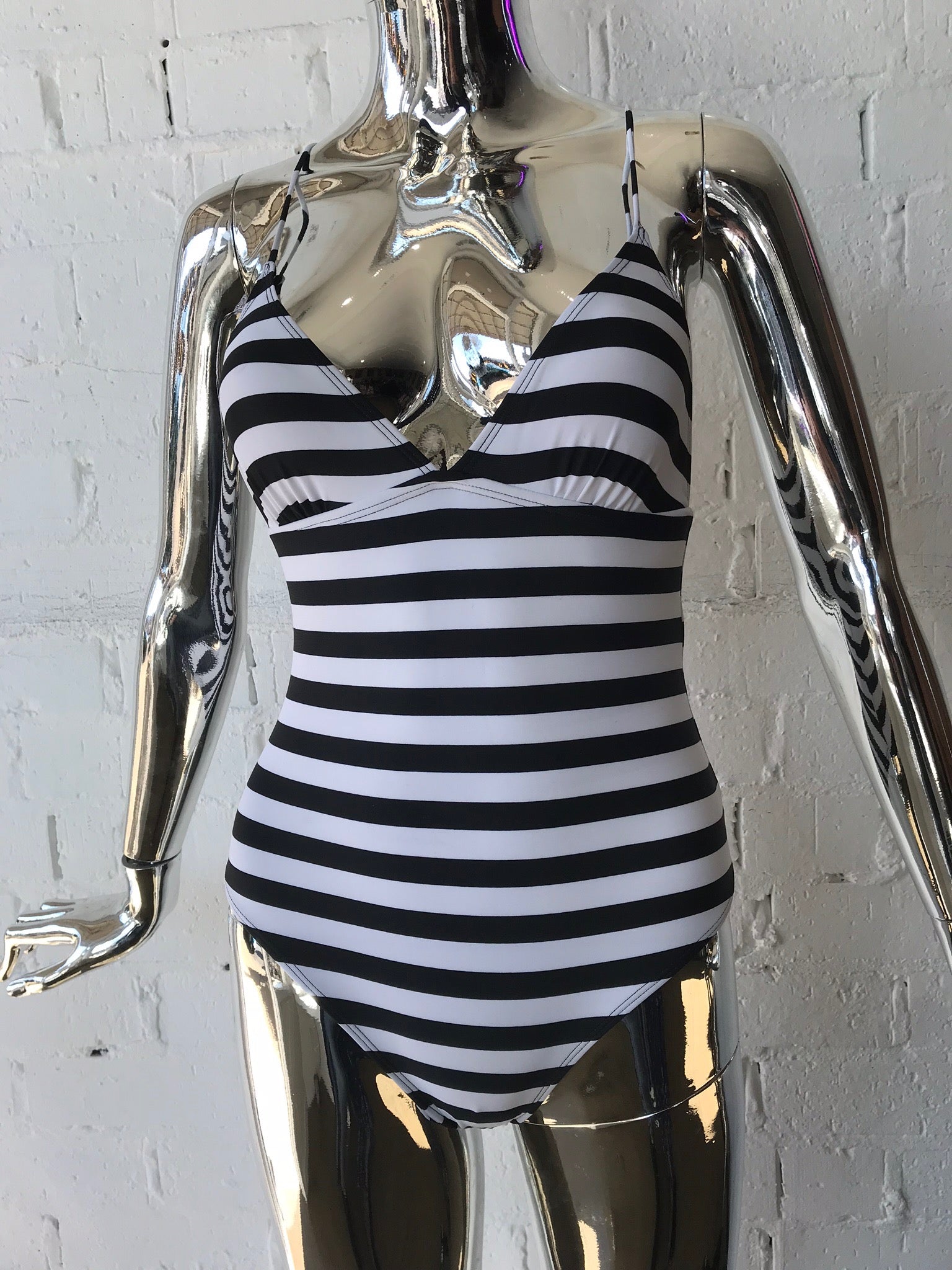 Bathers • Striped Black and White One Piece Swimsuit with Criss Cross Back