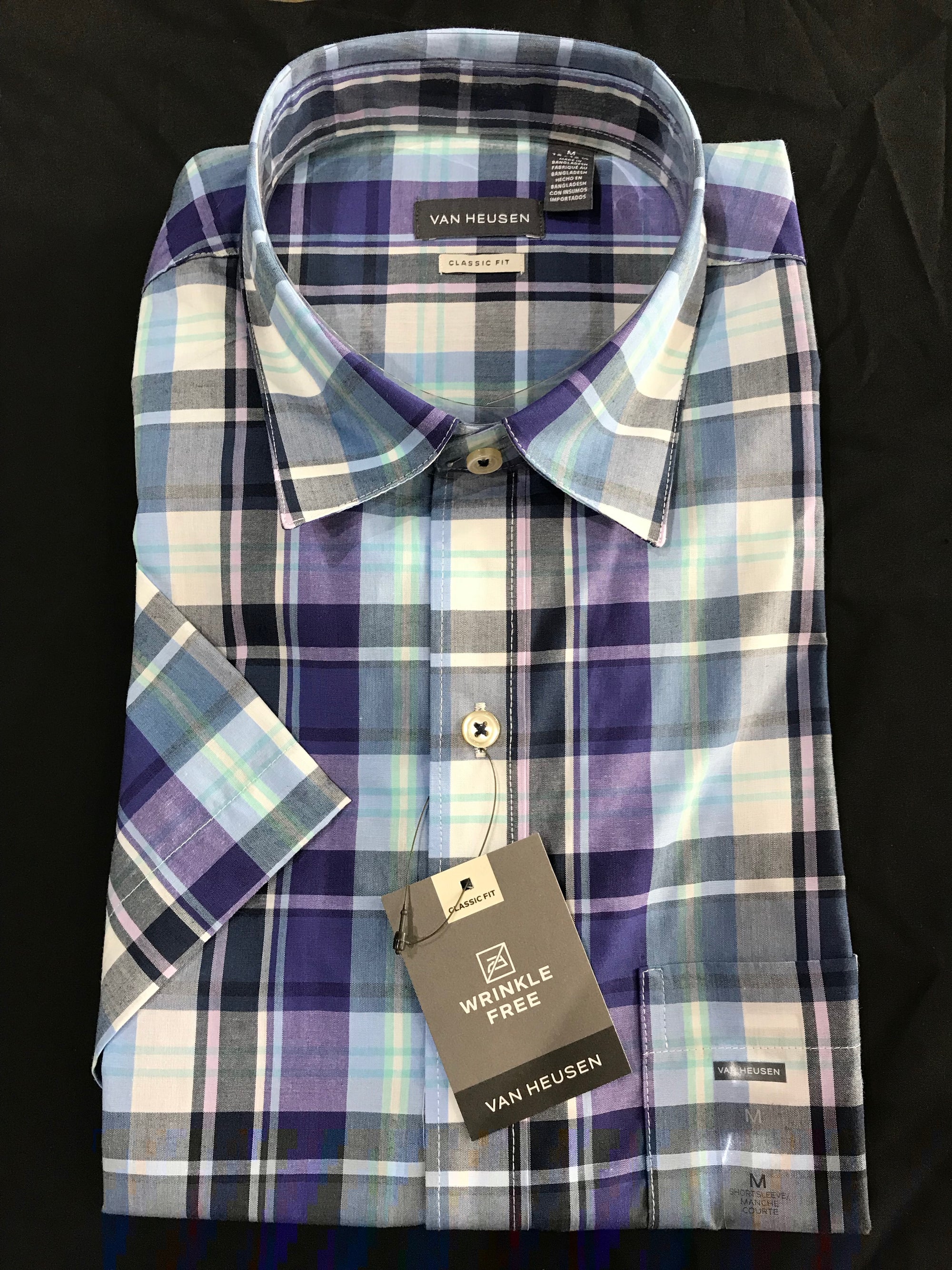 Van Heusen Mens Short Sleeve Shirt • Blue, Purple and Navy Plaid