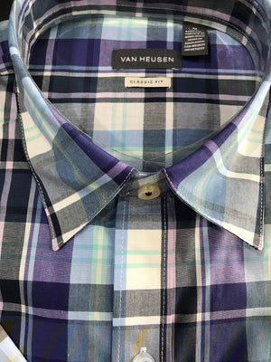 Van Heusen Mens Short Sleeve Shirt • Blue, Purple and Navy Plaid