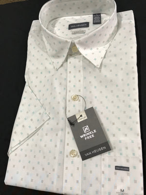 Van Heusen Mens Short Sleeve Shirt • White with Square Pattern