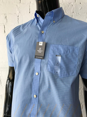 Van Heusen Mens Short Sleeve shirt • Light Blue with White Grid Pattern