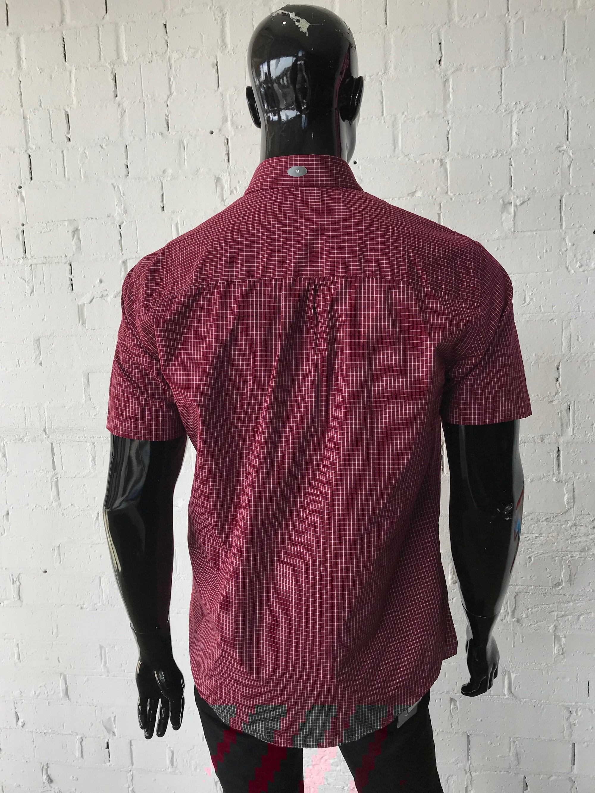 Van Heusen Mens Short Sleeve shirt • Dark Maroon with Grid Pattern