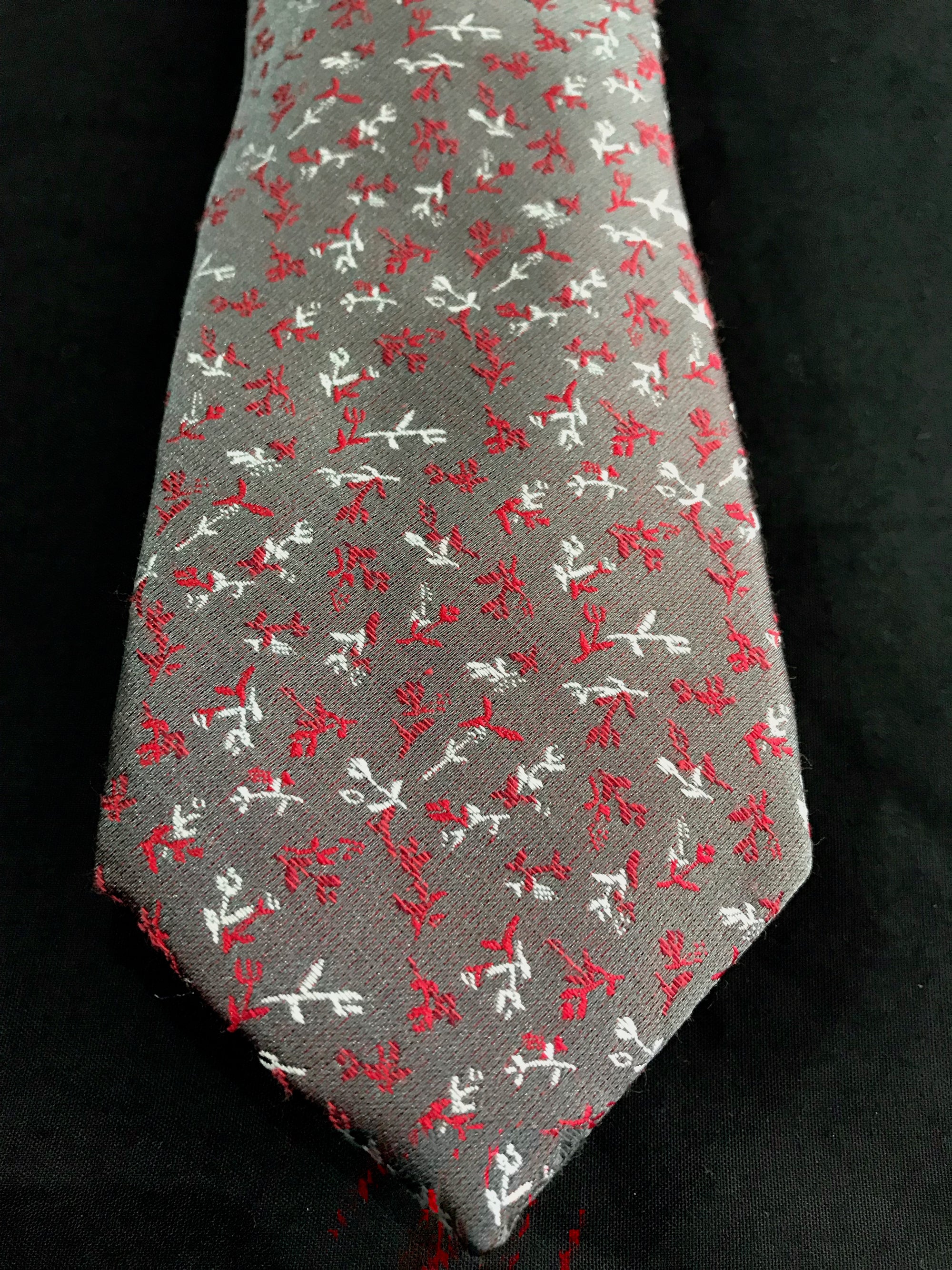 Mens Tie • Silver Grey with Red and White Floral By Van Heusen