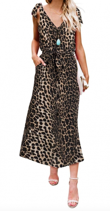 Womens V Neck Maxi Dress • Leopard Print 