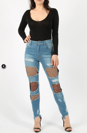 Womens Frayed Fishnet Skinny Jeans