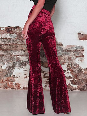 Womens RED BURGUNDY Velvet Flared Pants